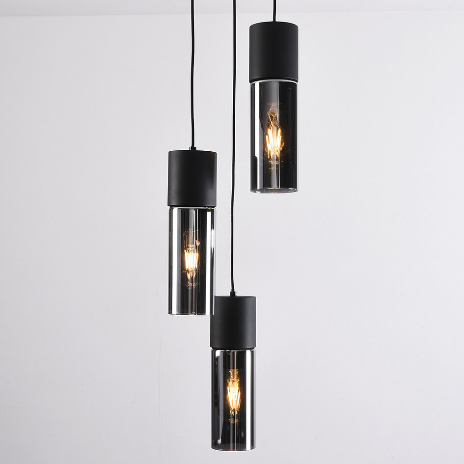 Suspension à 3 lumières Ela - verre fumé et noir
