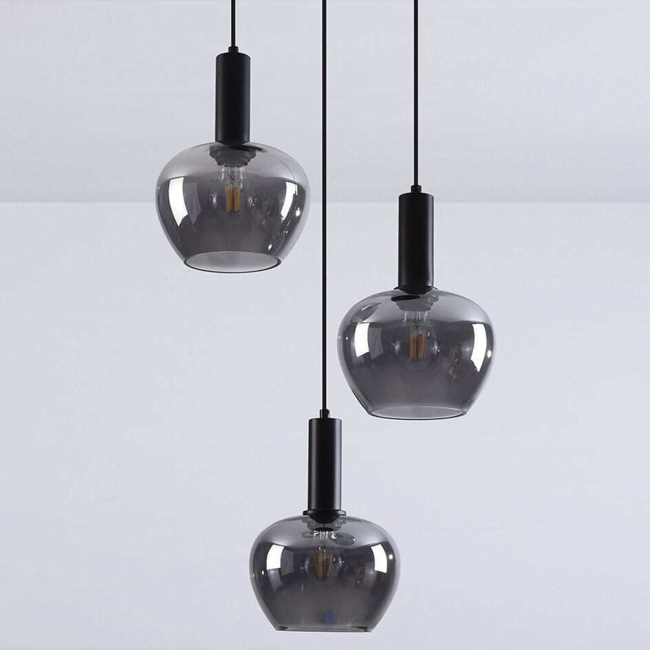 Suspension moderne 3-lumières Ismay en verre fumé - noir