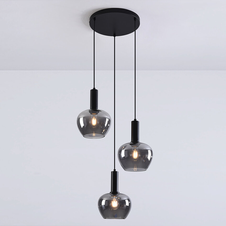 Suspension moderne 3-lumières Ismay en verre fumé - noir