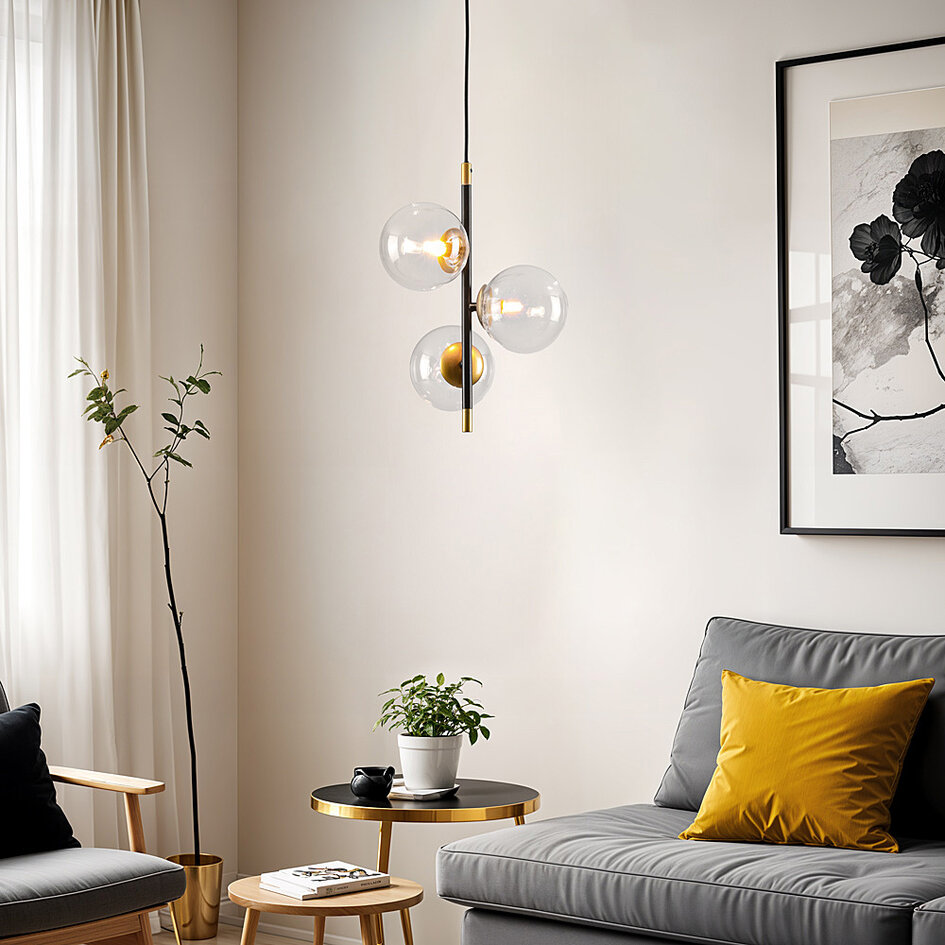Suspension Nisrin 3 lumières en verre transparent - noir et doré