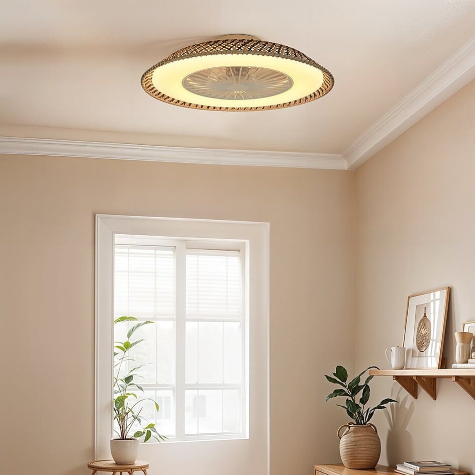 Ventilateur de plafond Cakir avec effet stéréo et lumière réglable - habillage en bambou