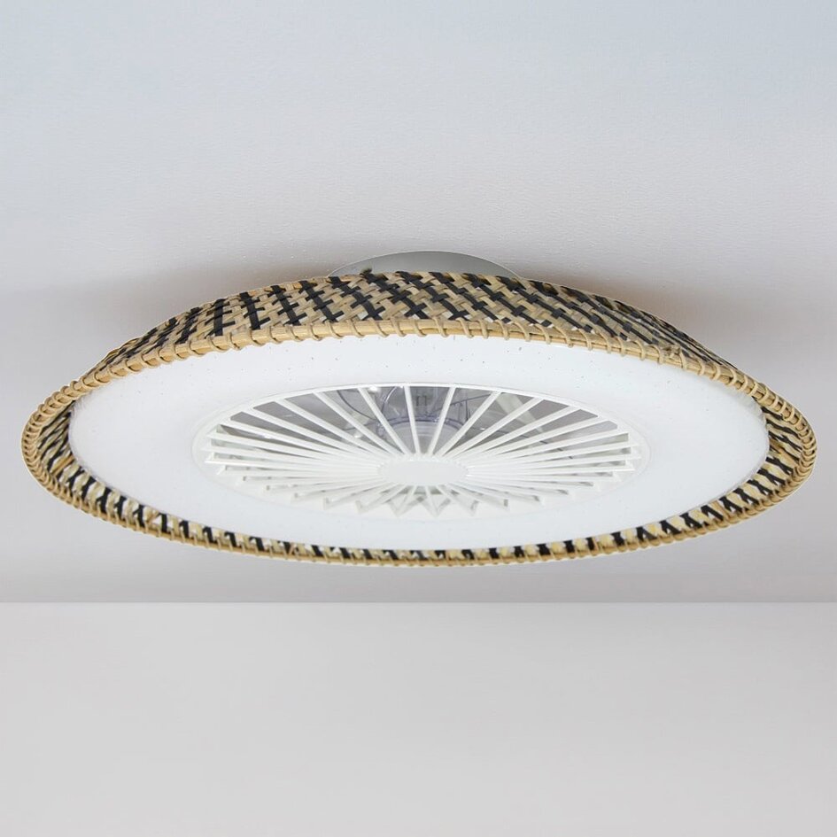 Ventilateur de plafond Cakir avec effet stéréo et lumière réglable - habillage en bambou