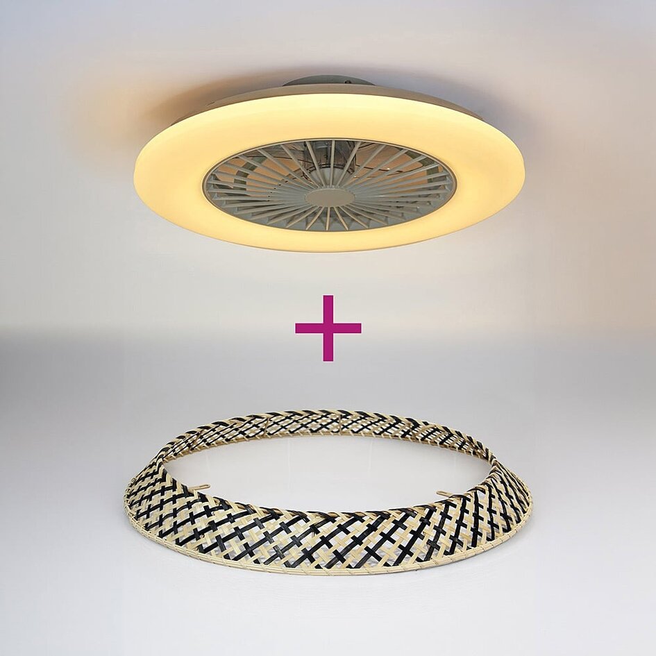 Ventilateur de plafond Cakir avec effet stéréo et lumière réglable - habillage en bambou