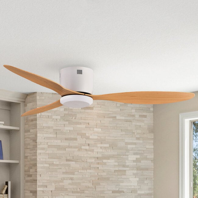 Ventilateur de plafond blanc en bois de hêtre et télécommande - Rivotra