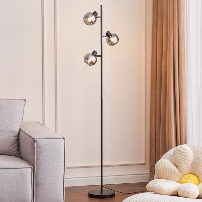 Lampadaire moderne noir mat avec verre gris fumé 3 lumières - Mesa