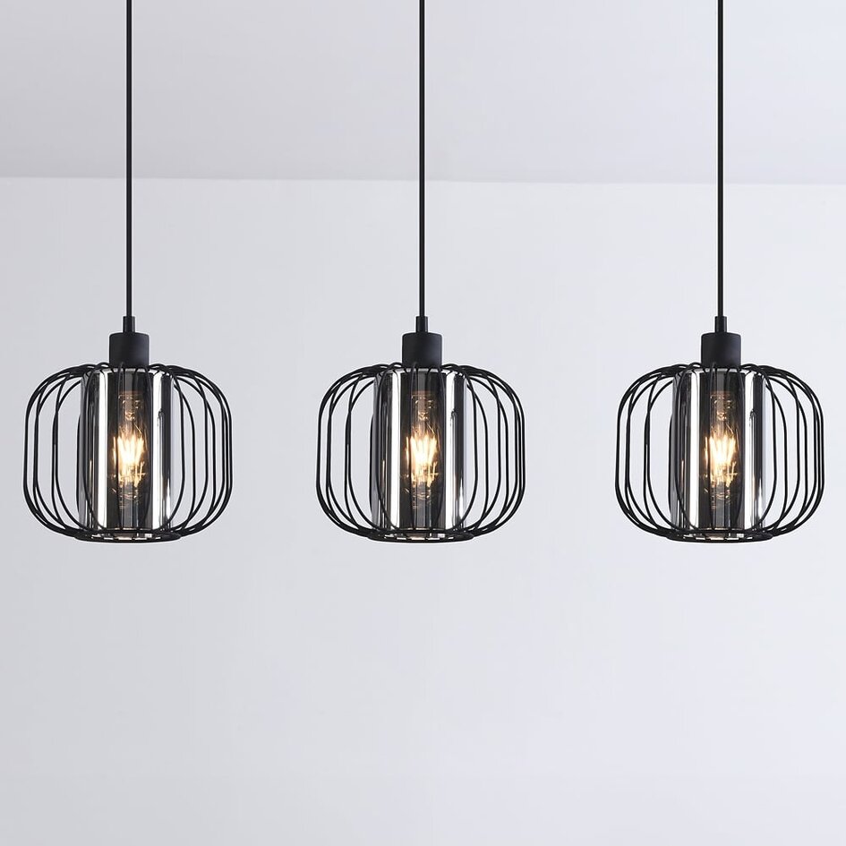 Lampe suspendue Dilan avec verre fumé, 3-lumières - noir