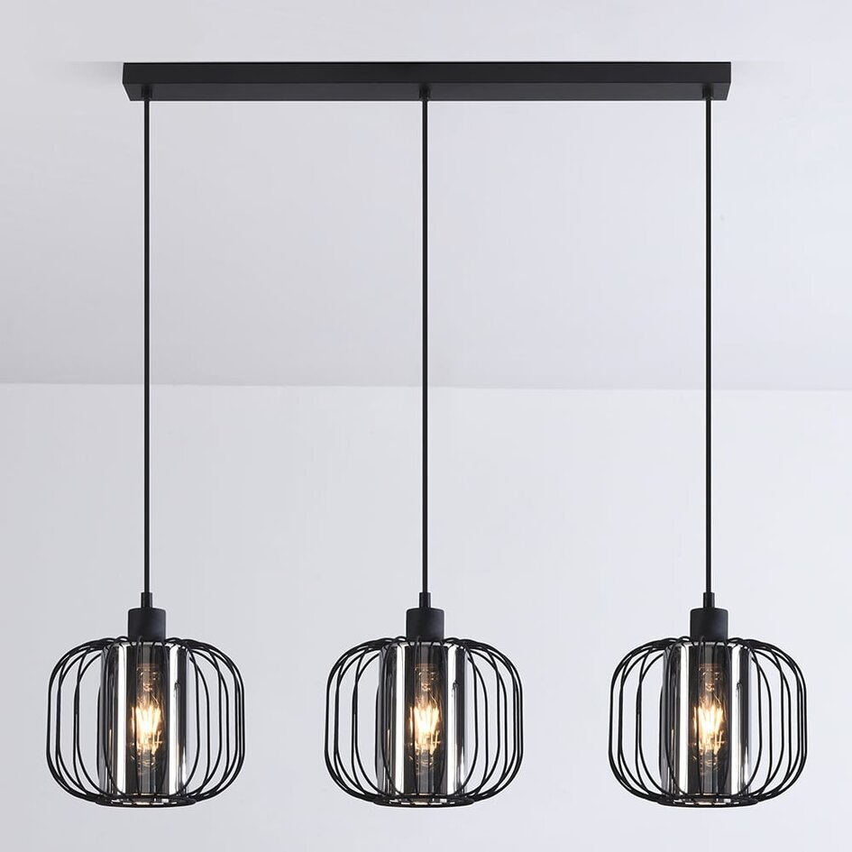 Lampe suspendue Dilan avec verre fumé, 3-lumières - noir