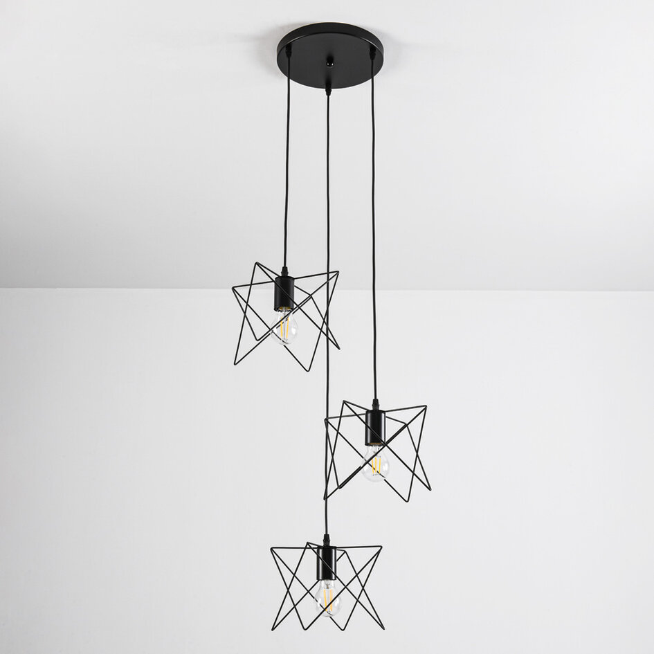 Suspension industrielle Star 3 lumières en métal noir
