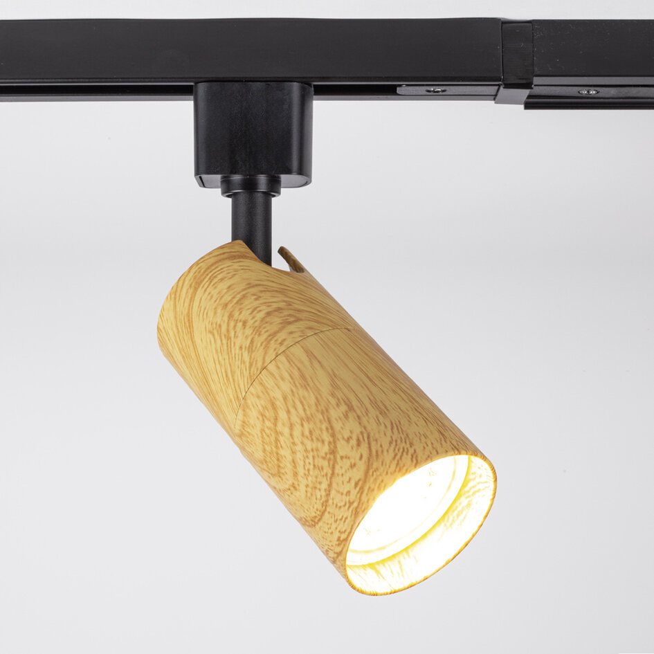 Spot sur rail monophasé Loek - Noir avec aspect bois de chêne