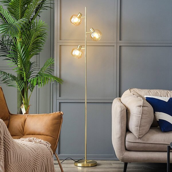 Lampadaire doré avec verre ambré, 3 lumières - Jesse