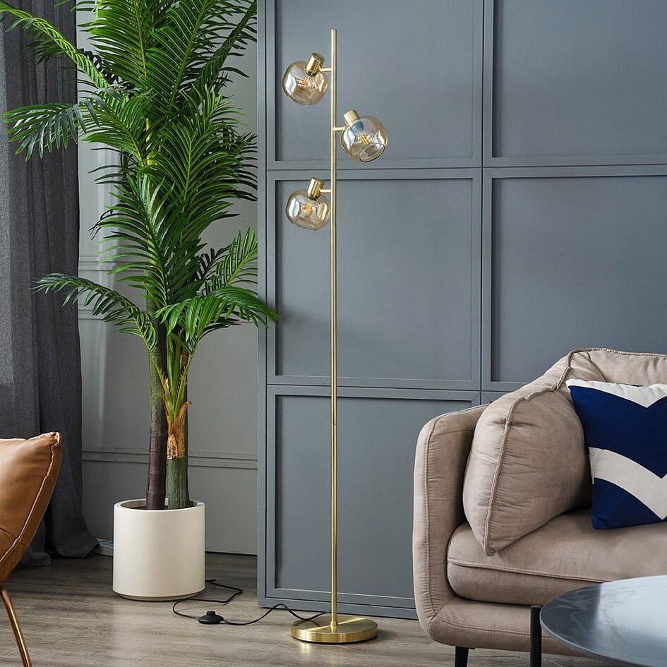 Lampadaire doré avec verre ambré, 3 lumières - Jesse