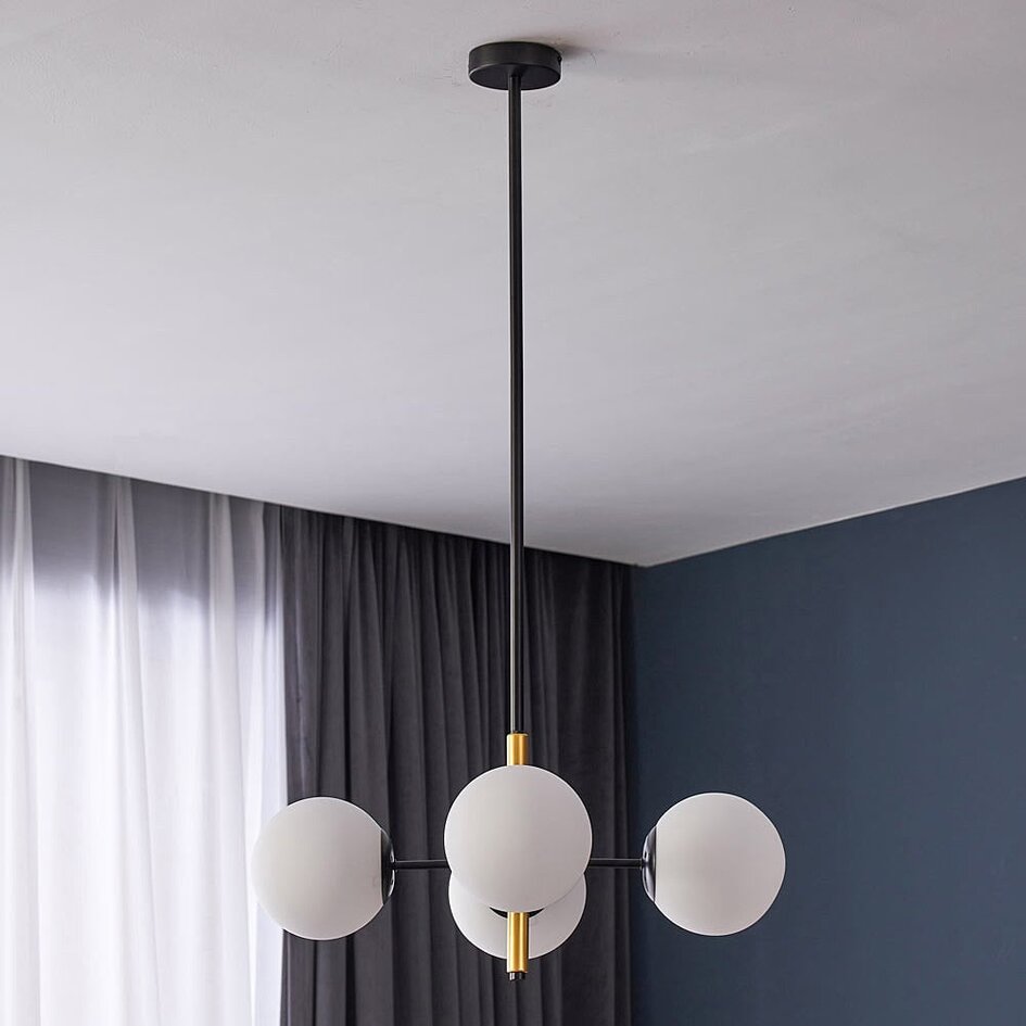 Suspension moderne noir avec verre blanc laiteux, 4 lumières - Callie