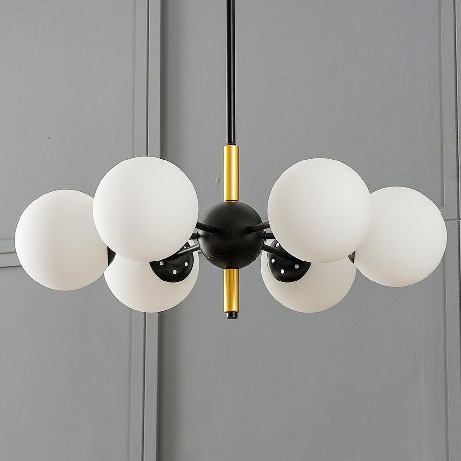 Suspension design noir avec verre blanc laiteux, 6 lumières - Callie