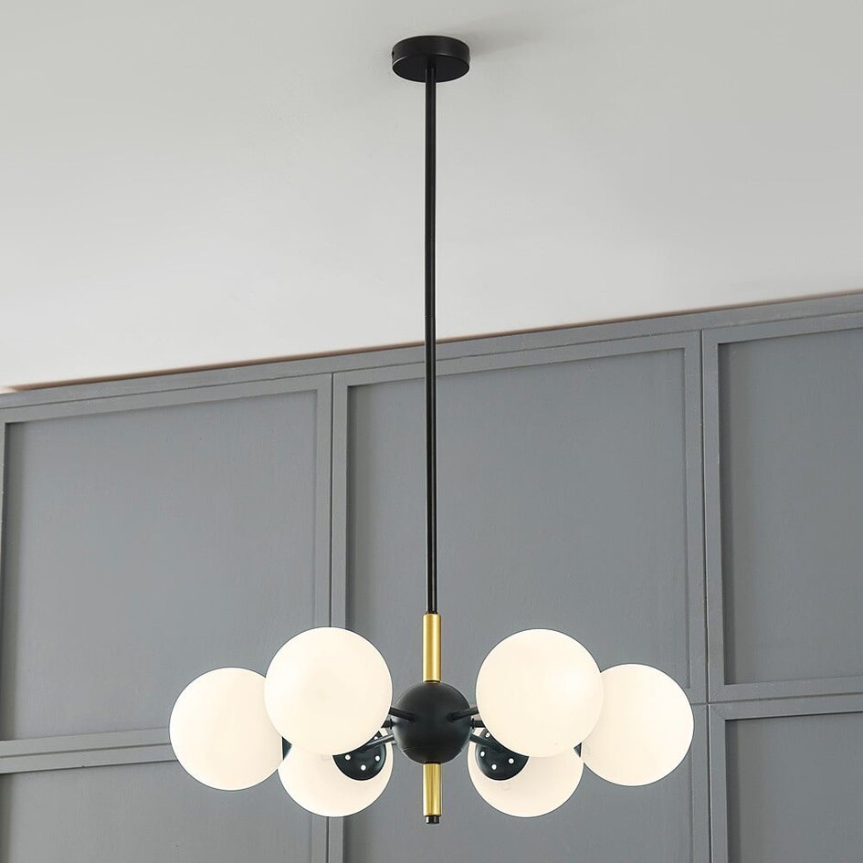 Suspension design noir avec verre blanc laiteux, 6 lumières - Callie