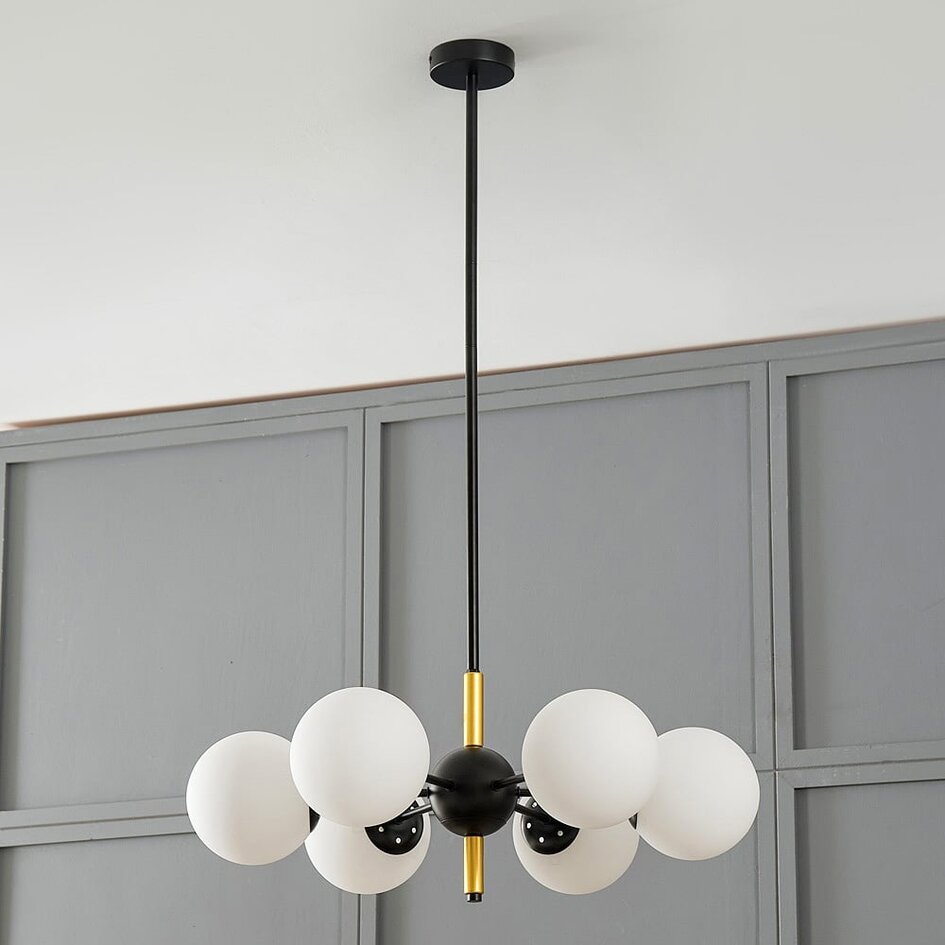 Suspension design noir avec verre blanc laiteux, 6 lumières - Callie