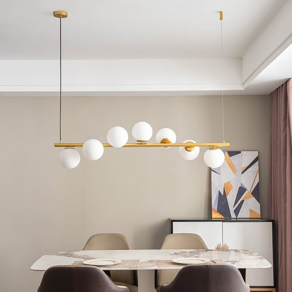 Lampe suspendue design Atto or avec verre blanc laiteux, 7 lumières