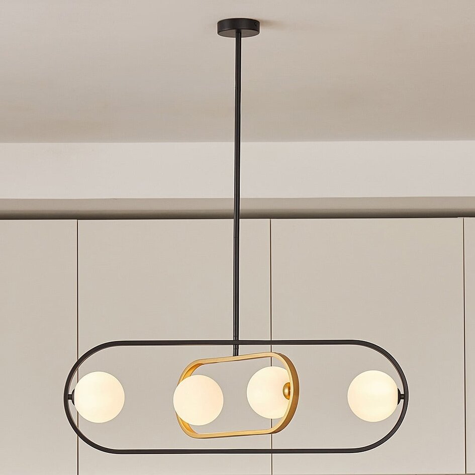 Suspension design à 4 lumières Gaio - noir et or avec verre laiteux