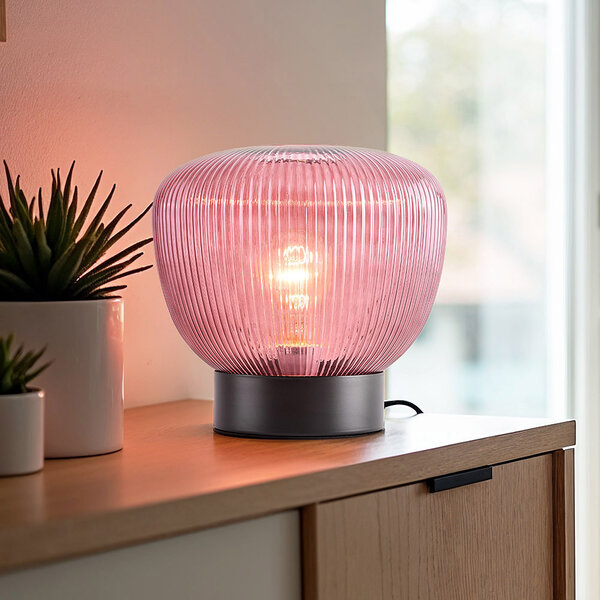 Lampe à poser Inez - noir avec verre violet nervuré