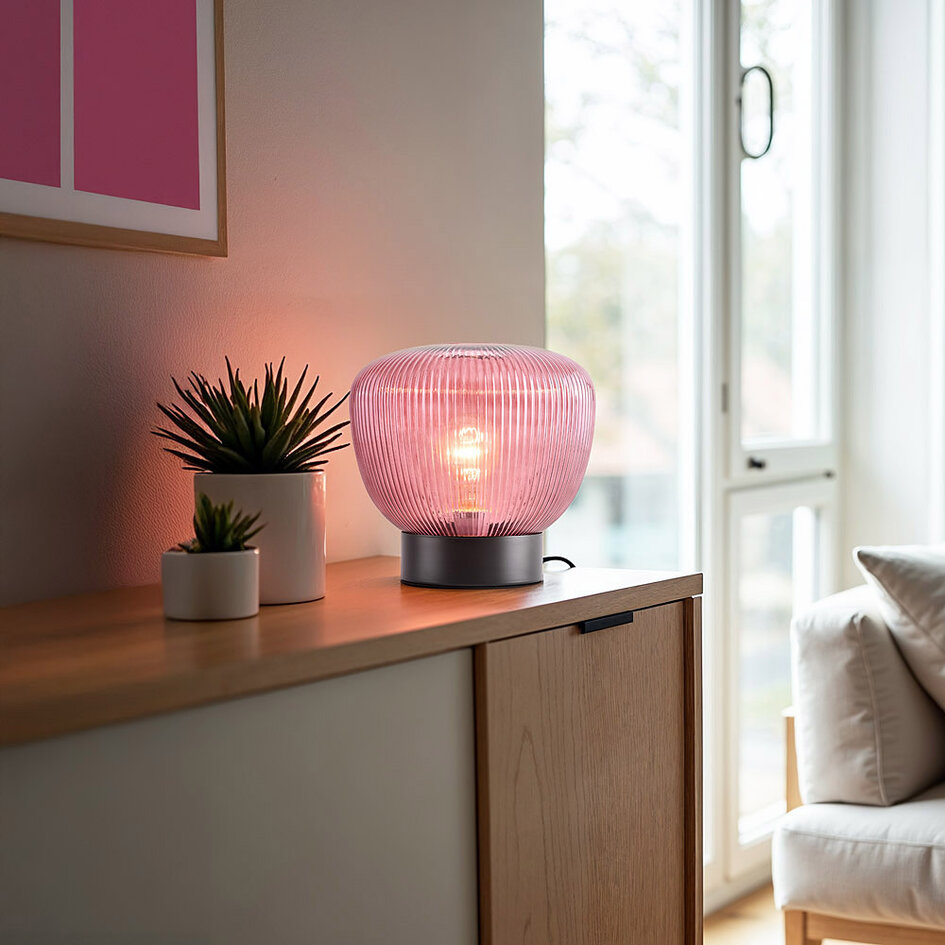 Lampe à poser Inez - noir avec verre violet nervuré