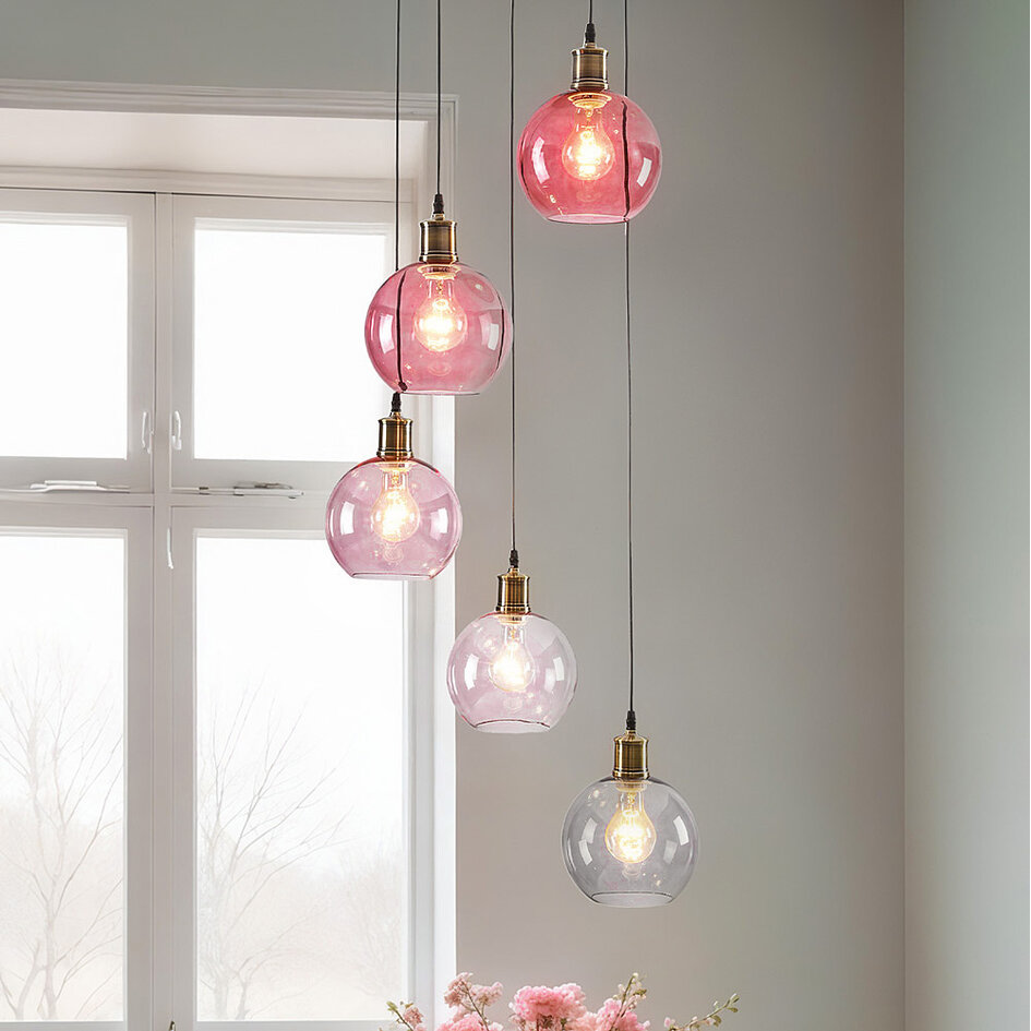 Suspension 5 lumières avec verre coloré - Liya