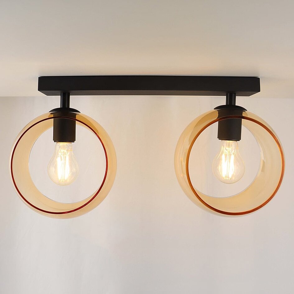 Plafonnier Orbitique 2 lumières - noir et verre ambré