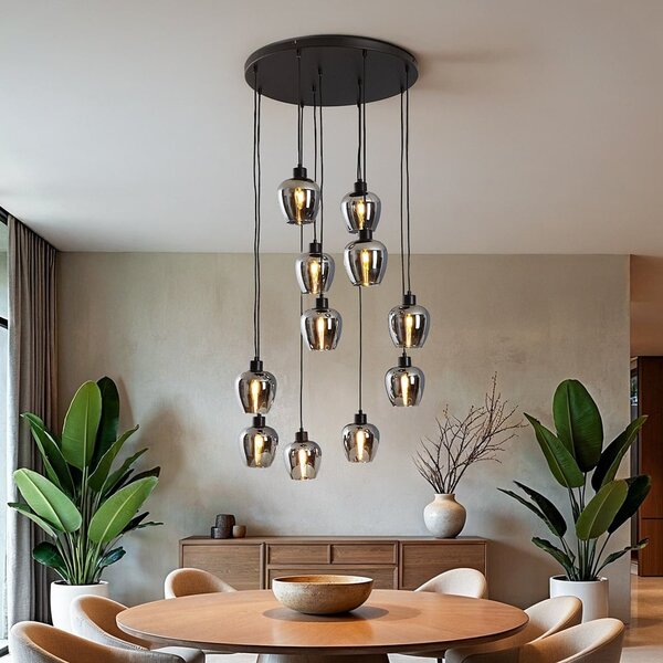 Lampe suspendue à 11 lumières noire avec verre gris fumé - Hanford