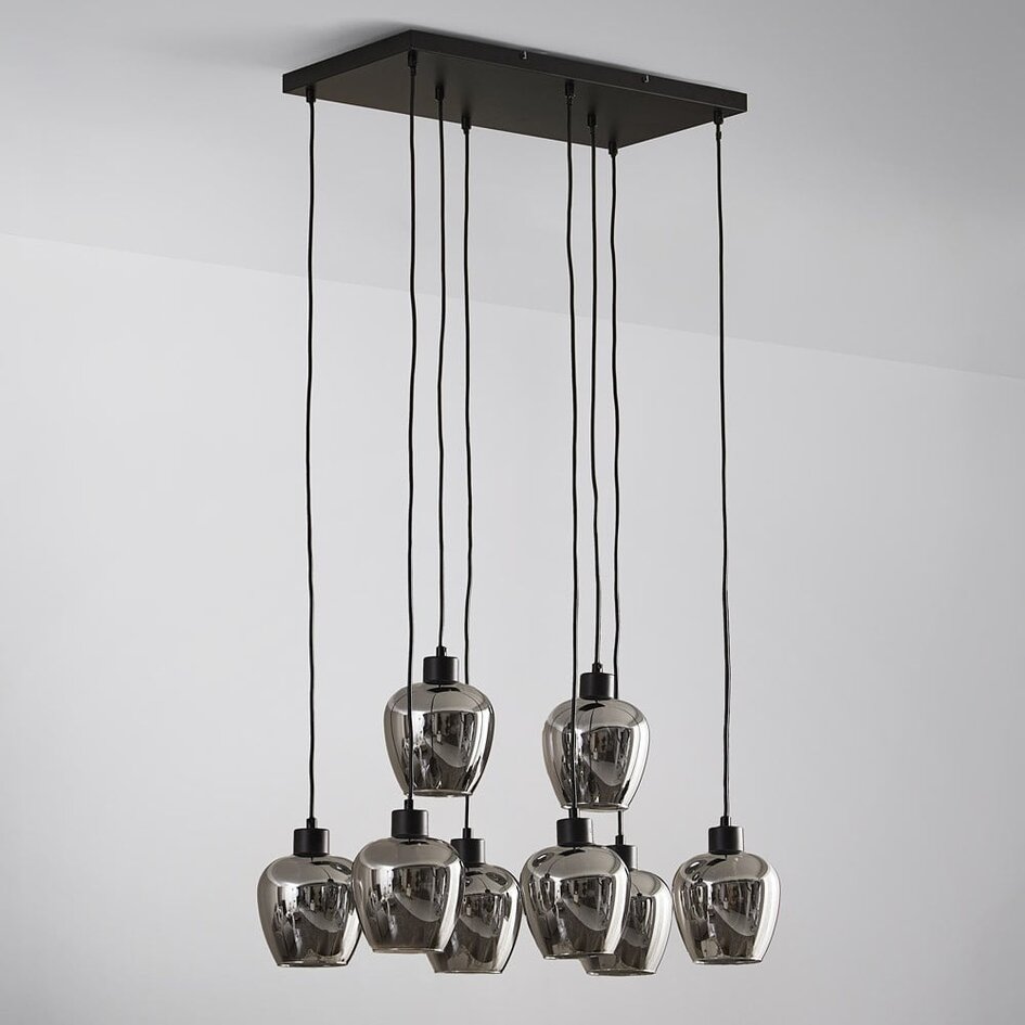Lampe suspendue à 8 lumières noire avec verre gris fumé - Sidney