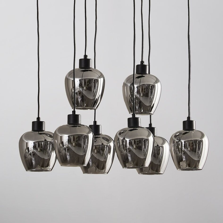 Suspension Sidney 8 lumières - noir et verre fumé gris