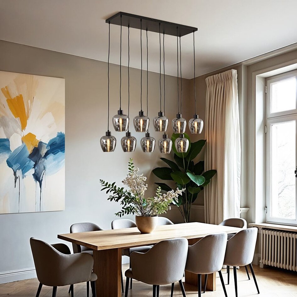 Lampe suspendue à 10 lumières noire avec verre gris fumé - Stafford