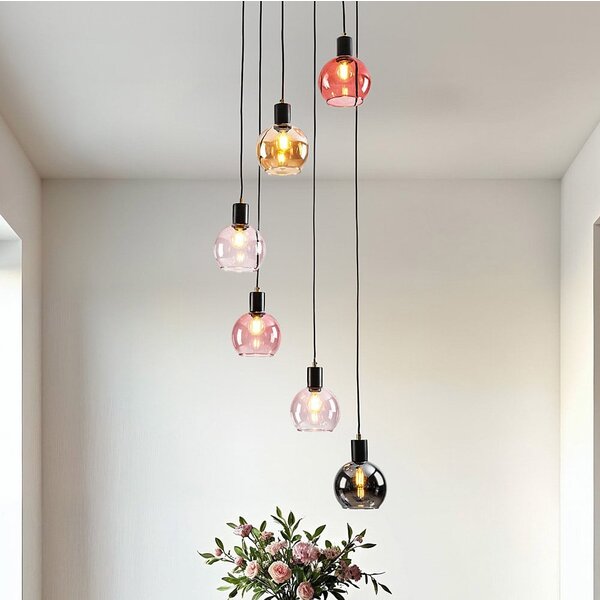Suspension Monroe 6 lumières - noir, verre ambré, fumé et rosé