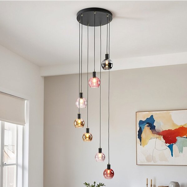Suspension Monroe 7 lumières - noir, verre ambré, fumé et rosé