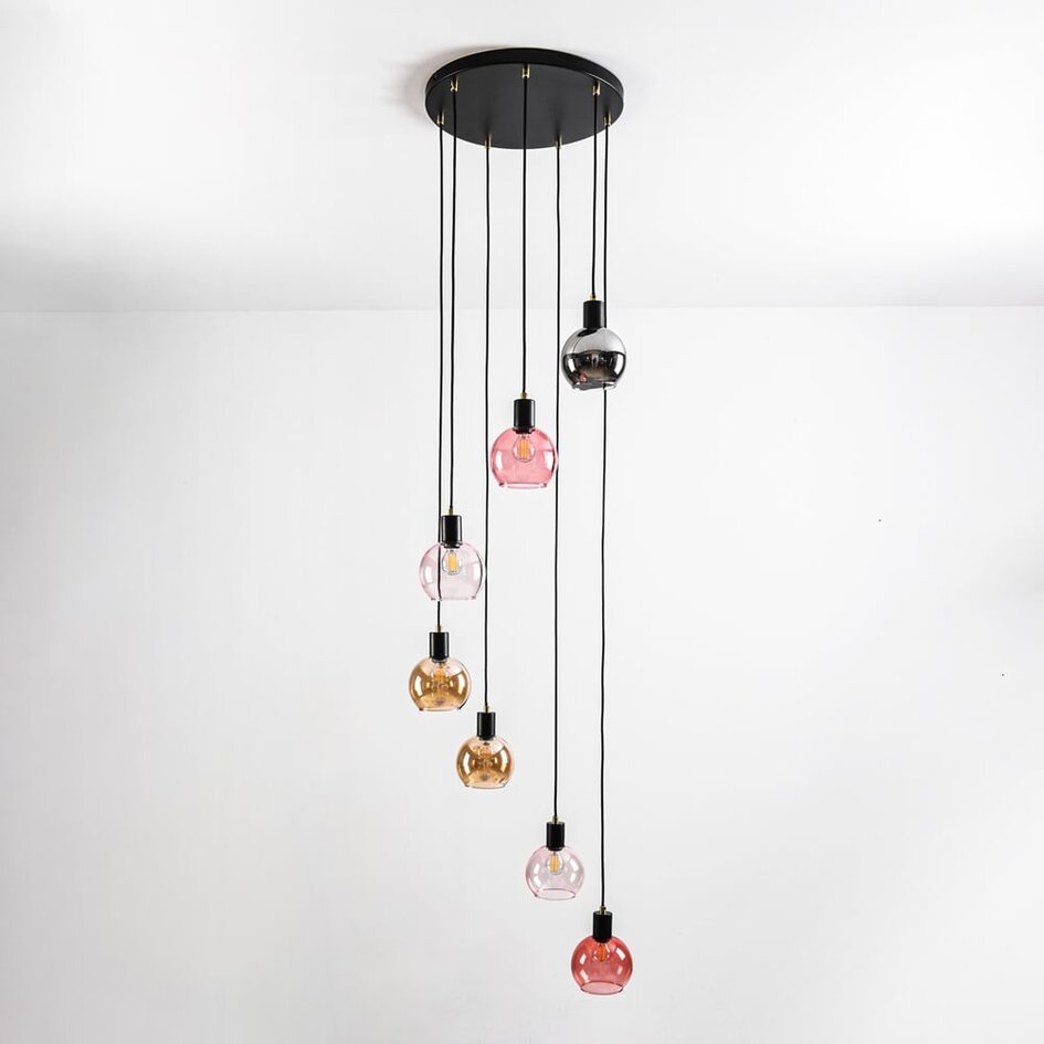 Suspension Monroe 7 lumières - noir, verre ambré, fumé et rosé