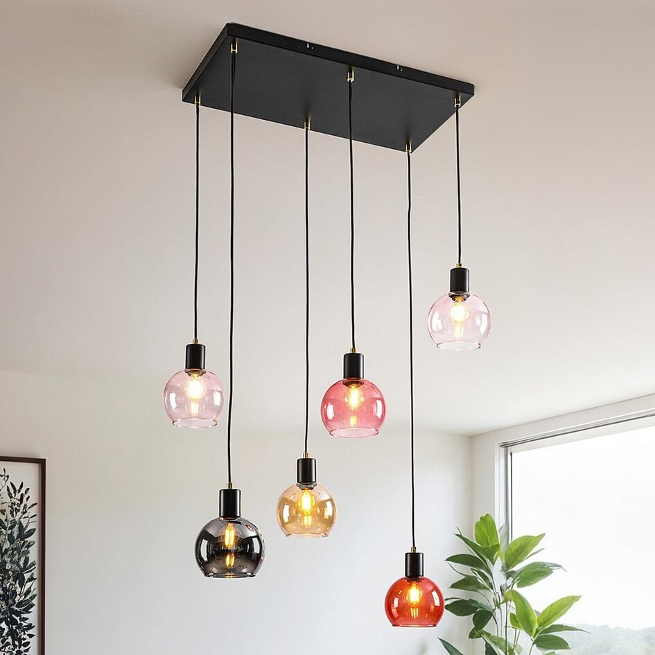 Suspension 6 lumières noire avec verre fumé, ambré et rose - Minot