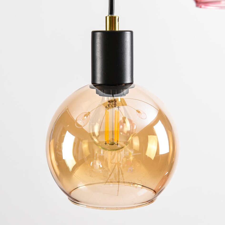 Suspension 6 lumières noire avec verre fumé, ambré et rose - Minot