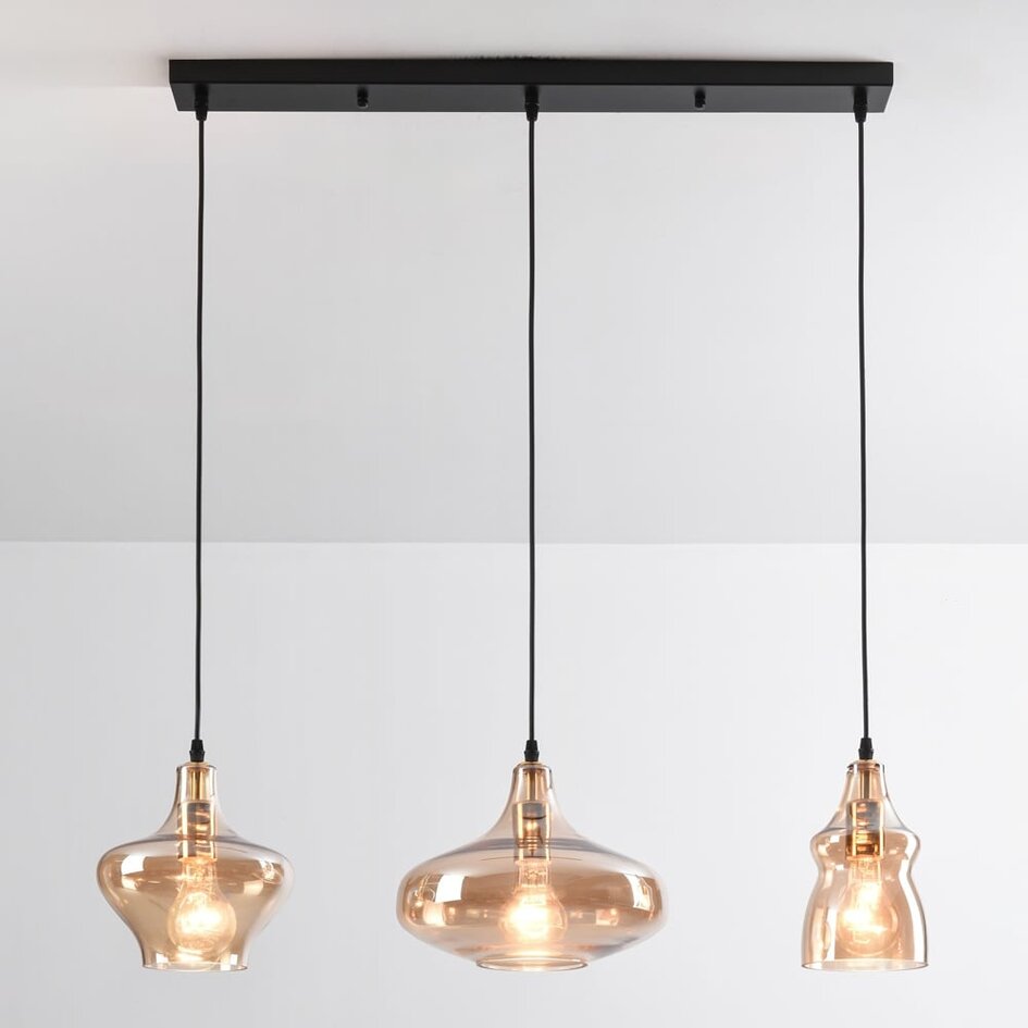 Suspension Maracas 3 lumières - noir et verre ambré