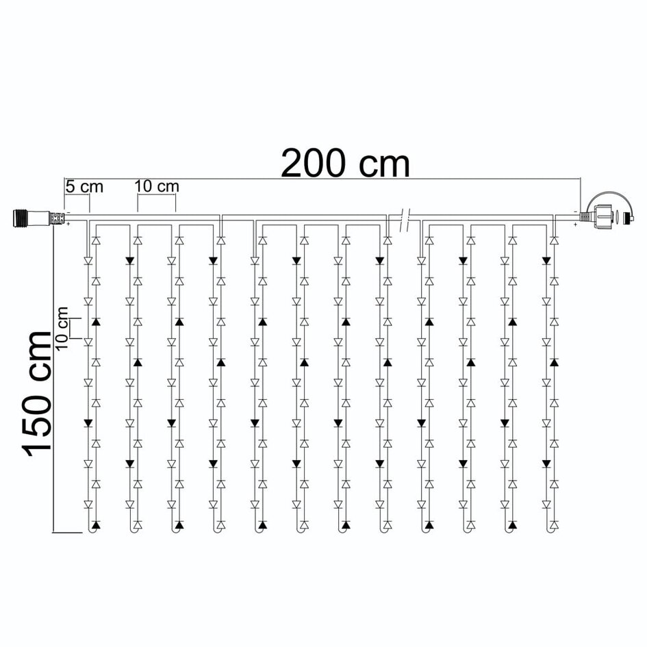 Rideau lumineux noir reliable | à partir de 2 mètres | 300 LEDs | 2200K blanc extra chaud | caoutchouc