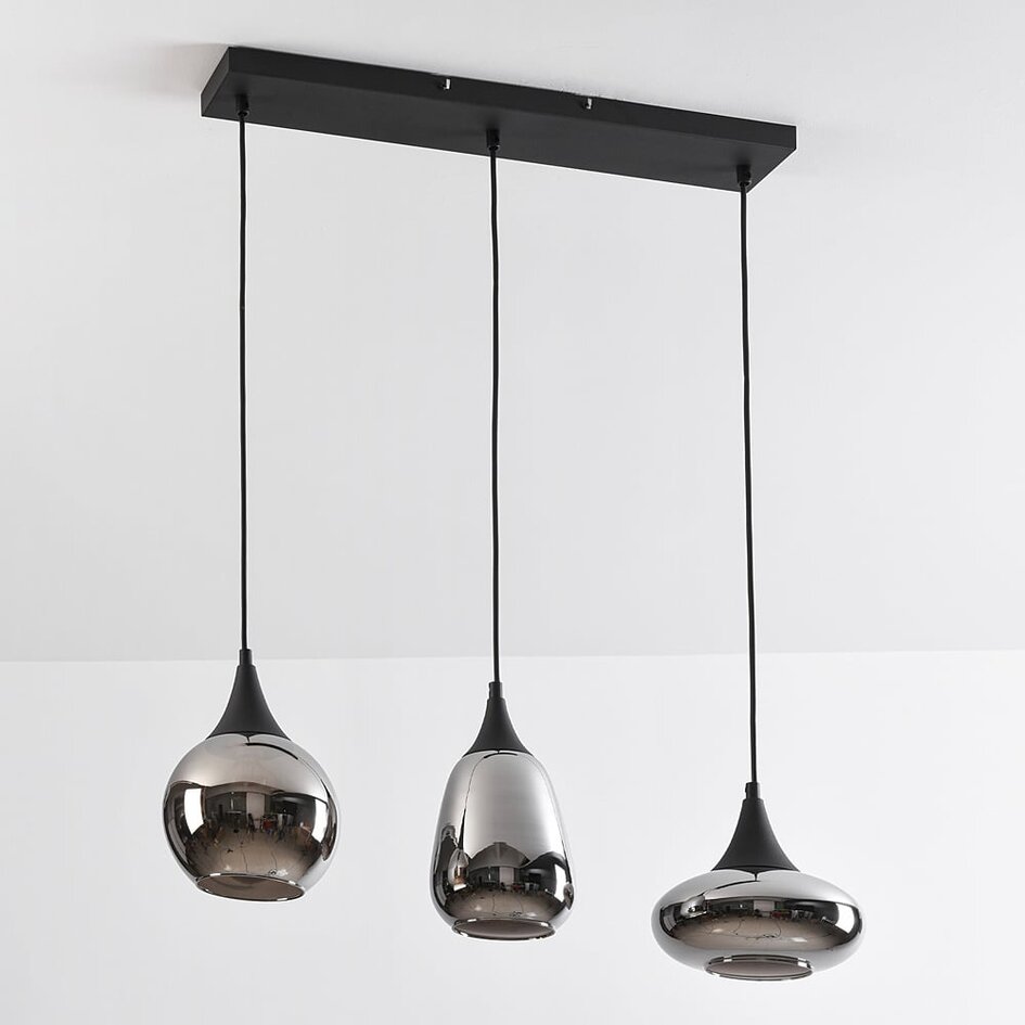 Suspension Lovi 3 lumières - noir, verre fumé gris et effet miroir