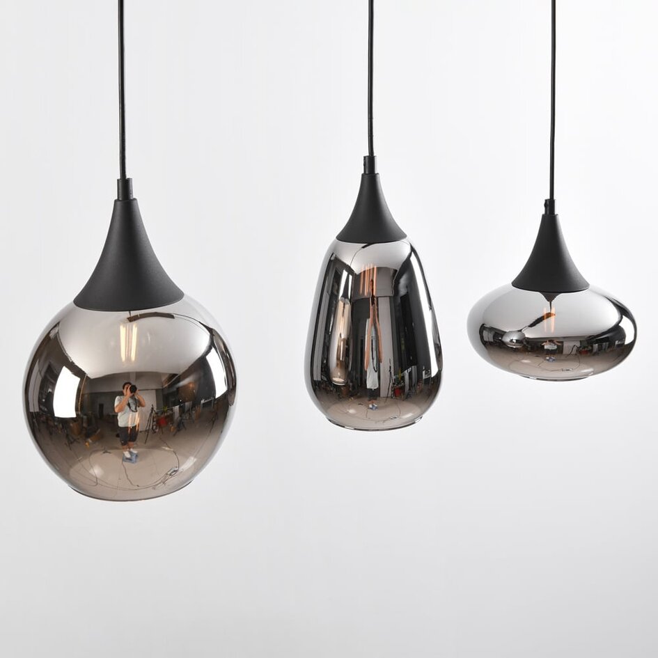Suspension Lovi 3 lumières - noir, verre fumé gris et effet miroir