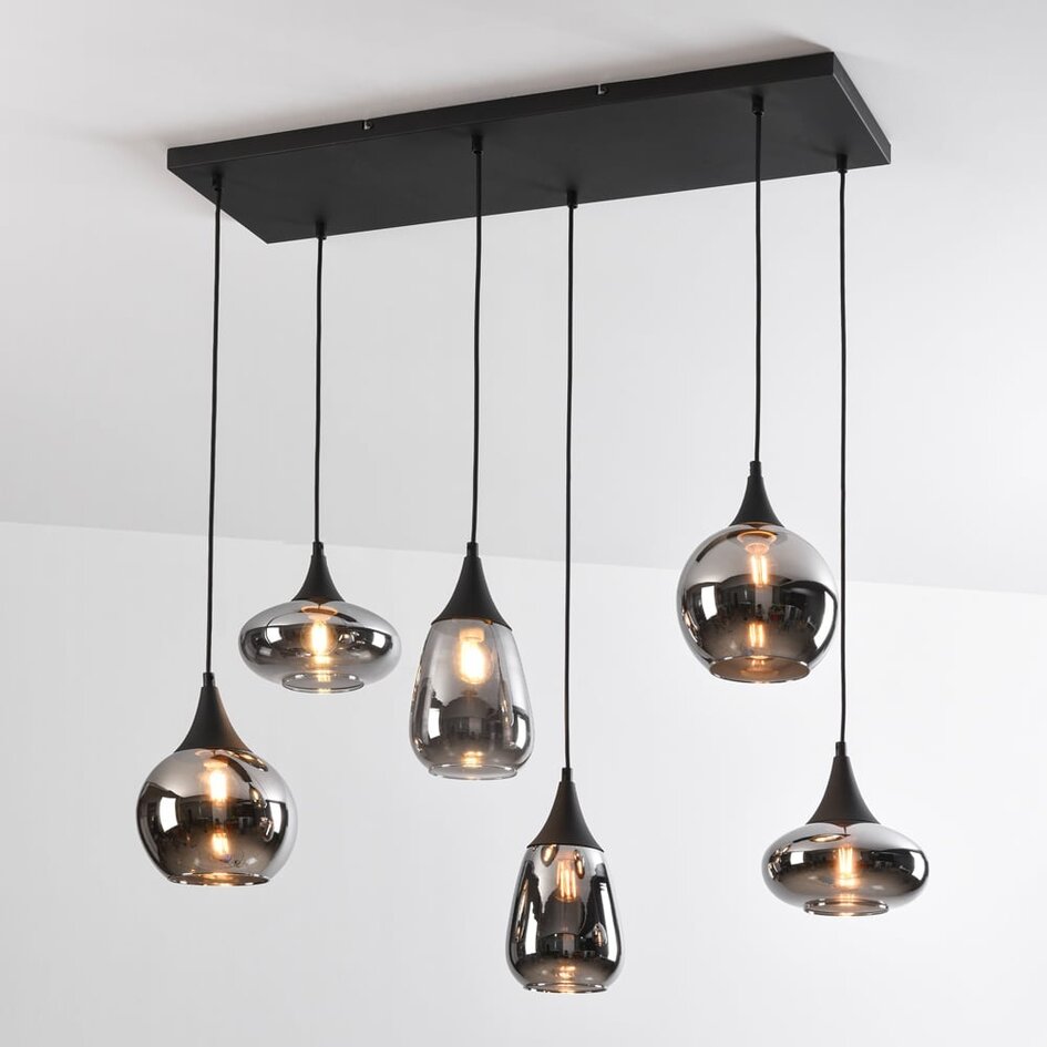 Suspension Loic 6 lumières - noir, verre fumé gris et effet miroir