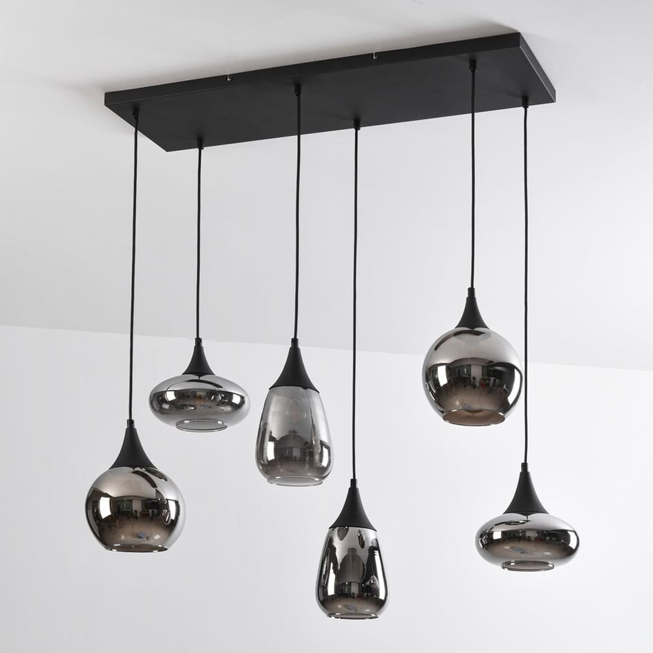 Suspension Loic 6 lumières - noir, verre fumé gris et effet miroir