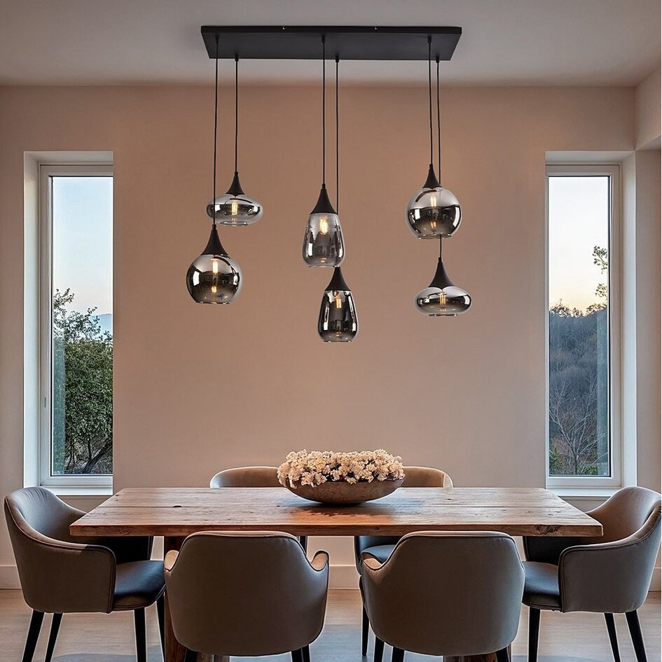 Suspension noire avec verre fumé, 6 lumières - Loic