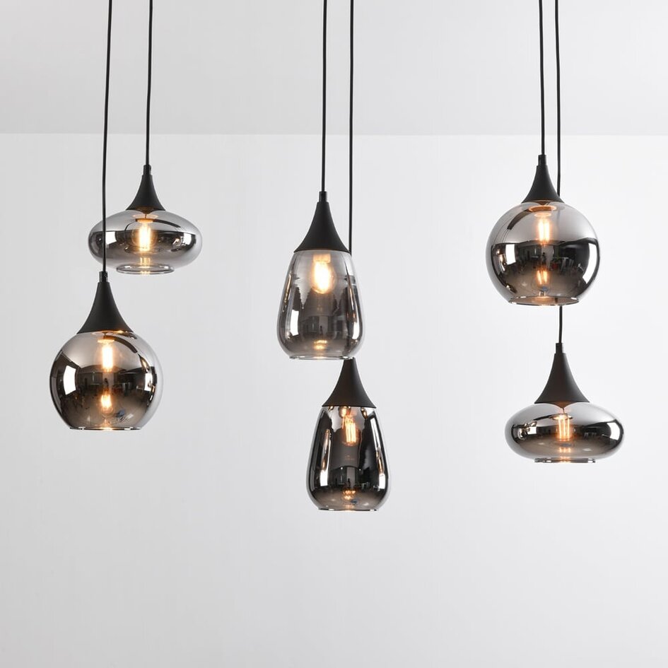 Suspension Loic 6 lumières - noir, verre fumé gris et effet miroir
