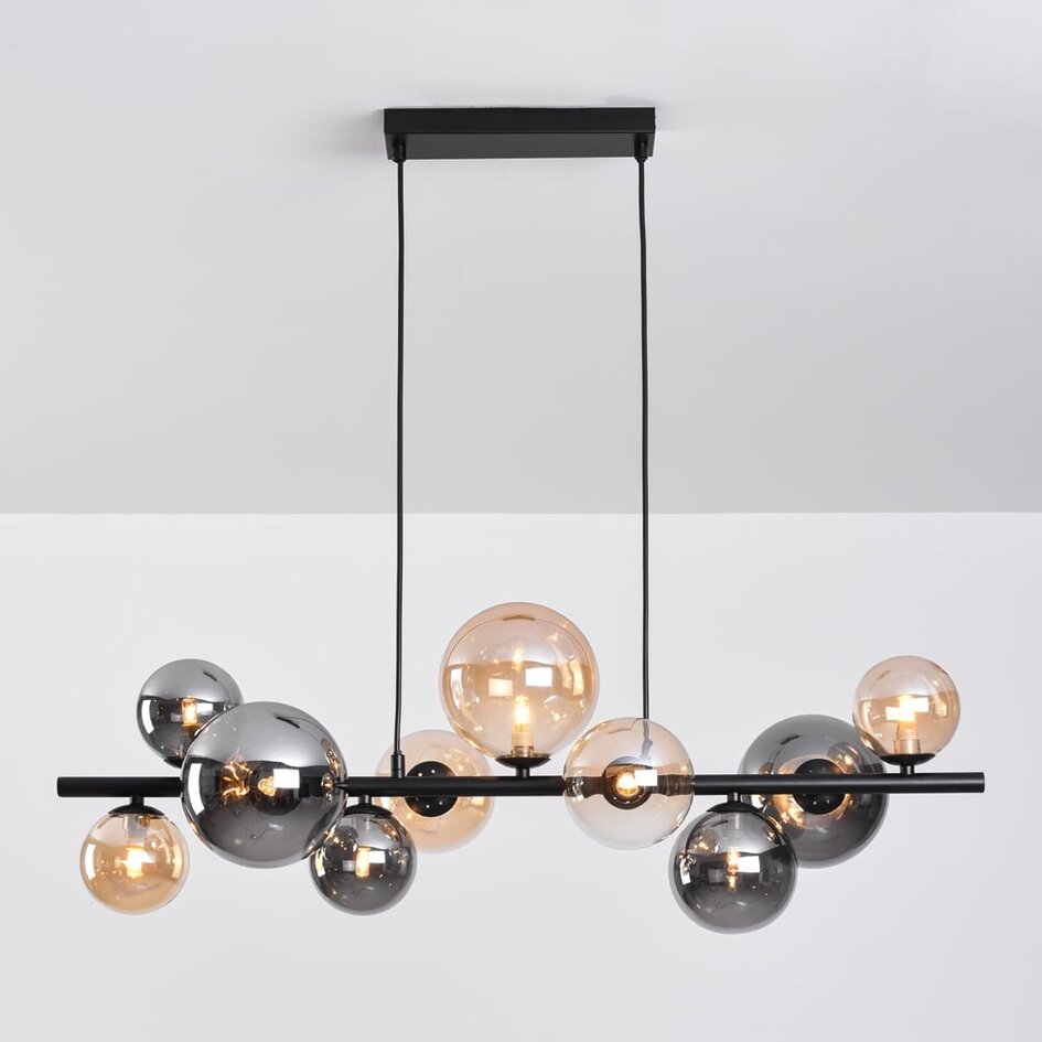 Suspension design noir avec verre ambré et fumé, 10 lumières - Deka