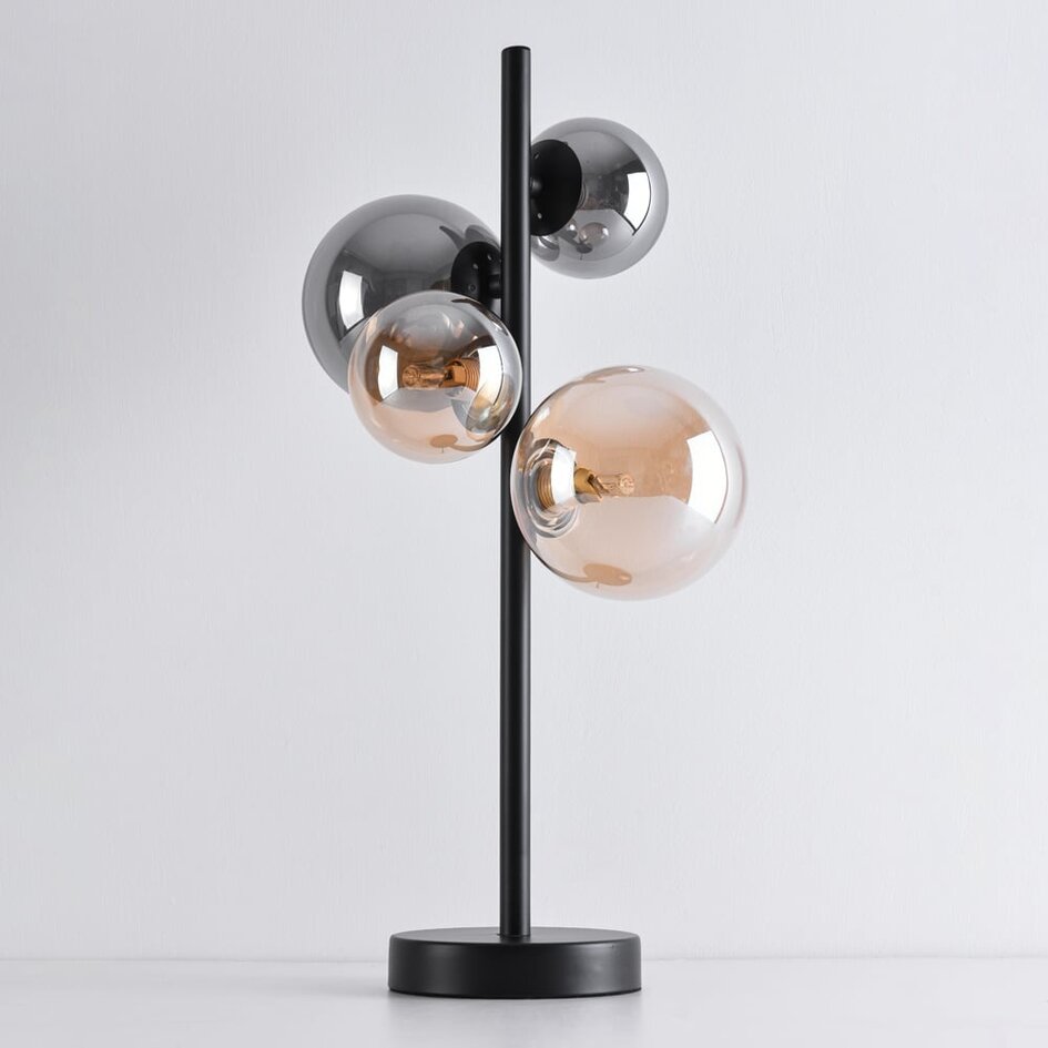 Lampe de table design Tessera noir avec verre ambré et fumé, 4 lumières