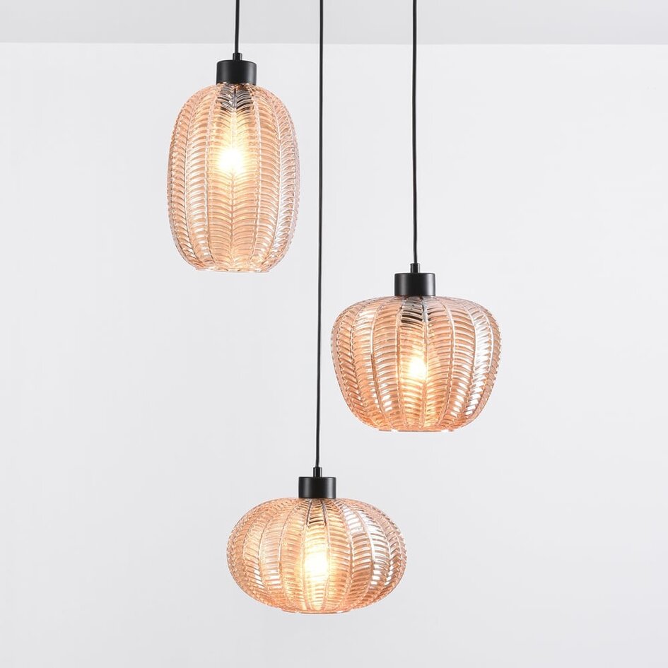 Suspension Kaca 3 lumières - noir, verre ambré texturé