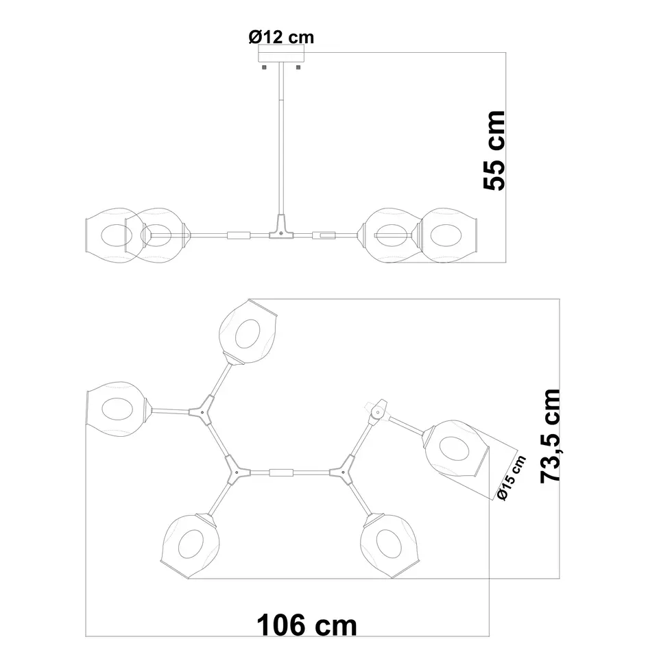 Suspension design 5 lumières en doré avec verre ambré - Thelma