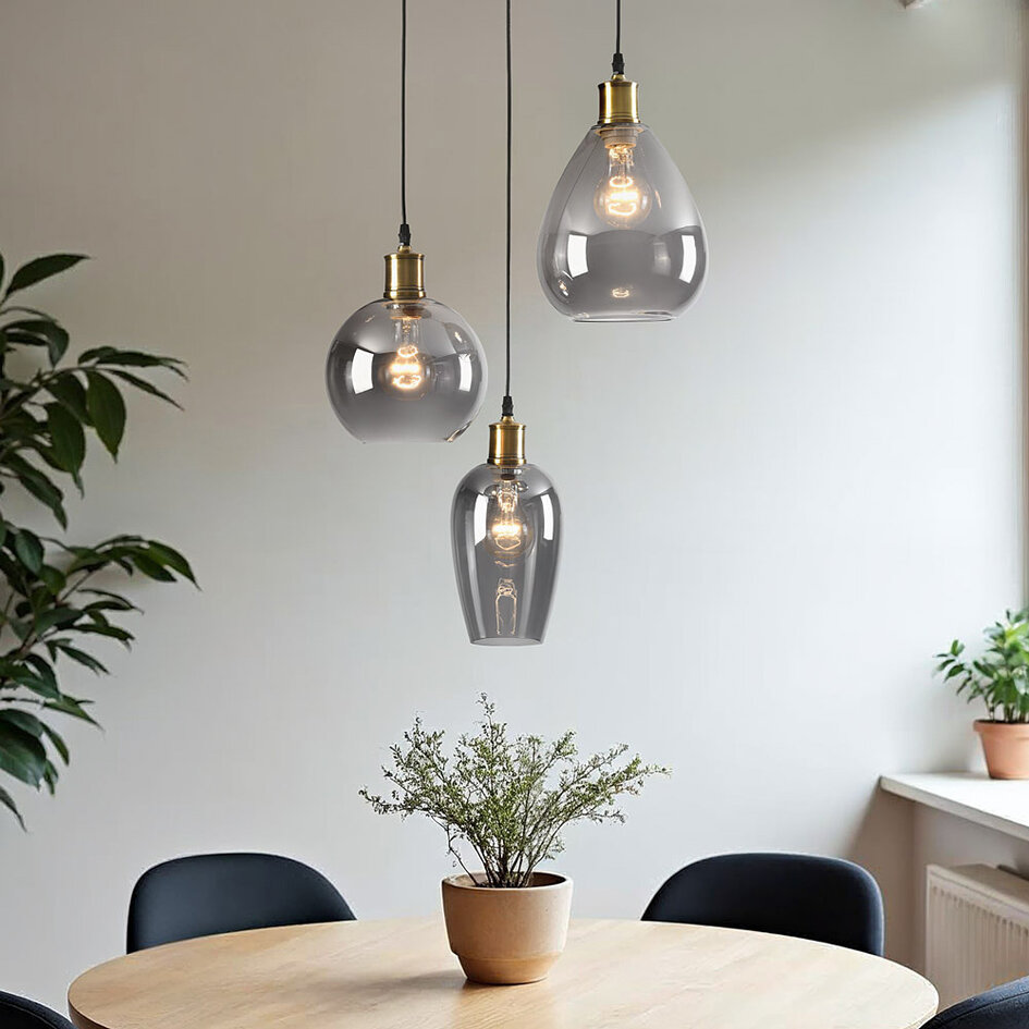 Lampe suspendue verre fumé aspect lisse 3-lumières - Verona