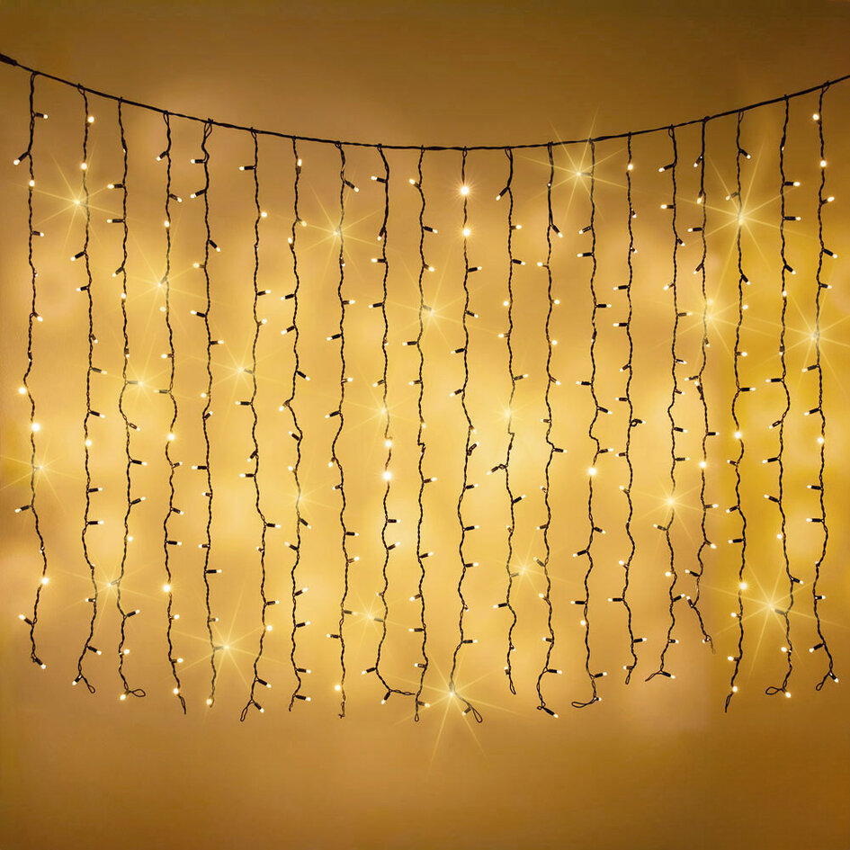 Rideau lumineux noir reliable | à partir de 2 mètres | 300 LEDs | 2200K blanc extra chaud avec scintillement | caoutchouc