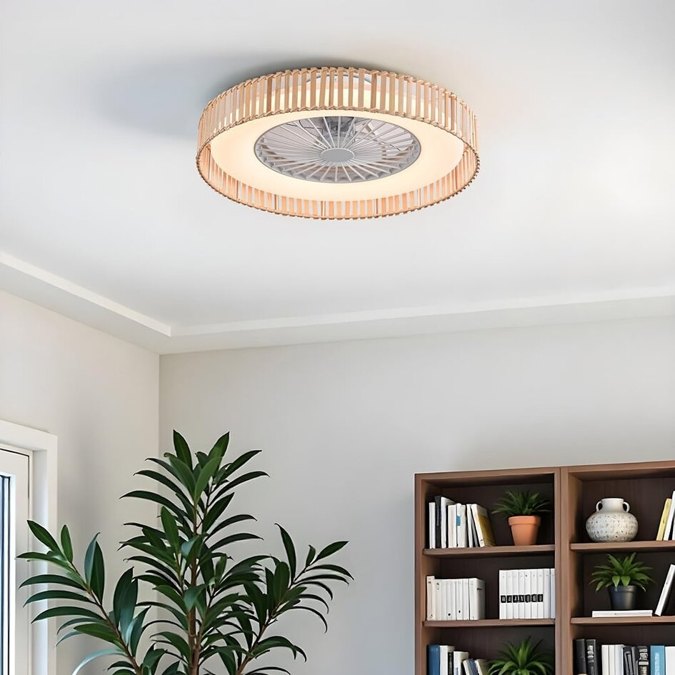 Ventilateur de plafond Cakir LED - abat-jour en bambou brun clair