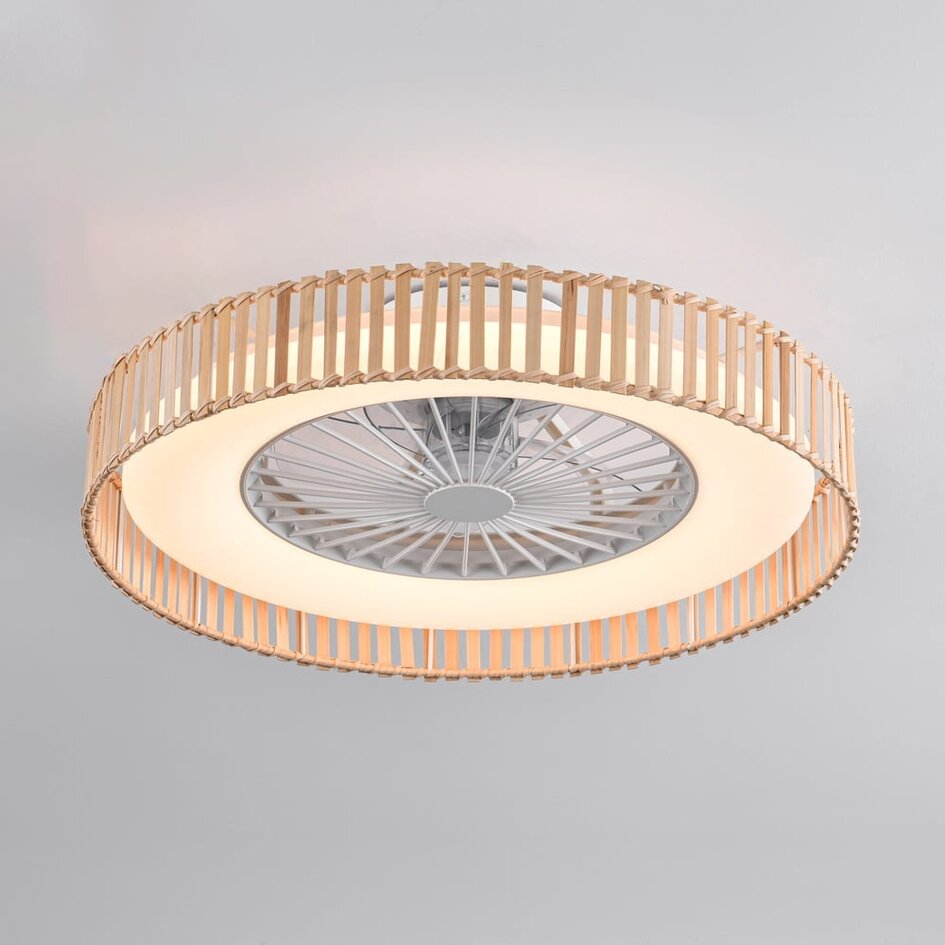Ventilateur de plafond Cakir avec effet stéréo et température de couleur réglable - abat-jour en bambou brun clair